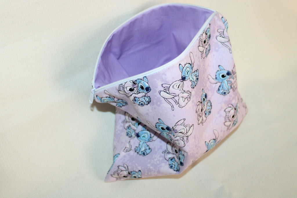 Handmade Large Lilo & Stitch and Angel Zipper Bag - Purple Pouch